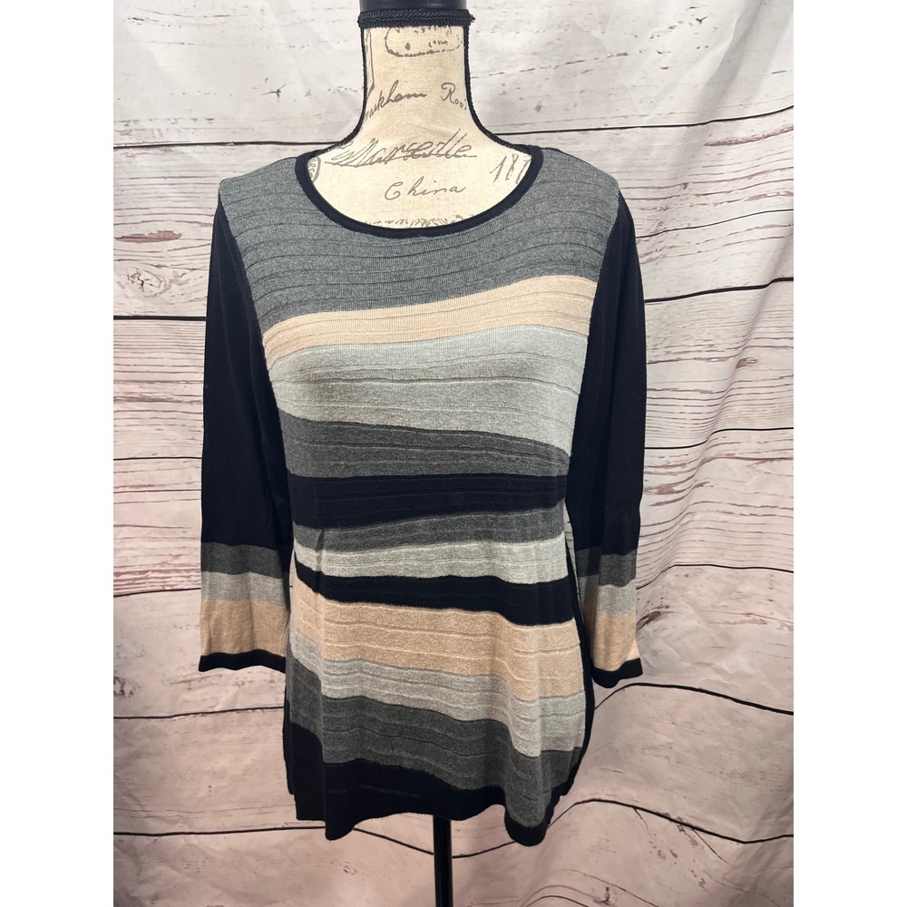 Dana Buchman Womens Large Black Grey Tan Striped 3/4 Sleeve Knit Sweater Top